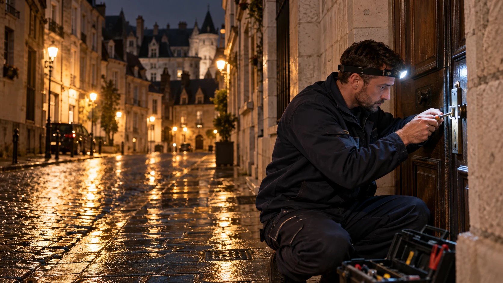 Serrurier Blois intervenant de nuit sur une porte d'entrée dans une rue de Blois